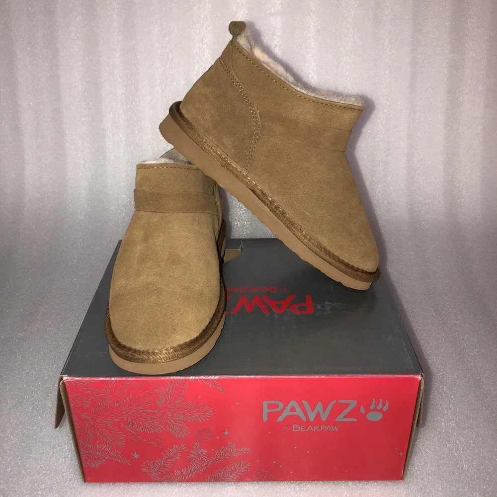 Pawz Bearpaw Amy Ankle Boots Youth Girls Size 10 Brown Genuine Suede Wool Lining